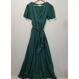 Faeriesty Dress Womens Large Green Wrap Maxi Puff Sleeve Shimmer Gown Tie Waist